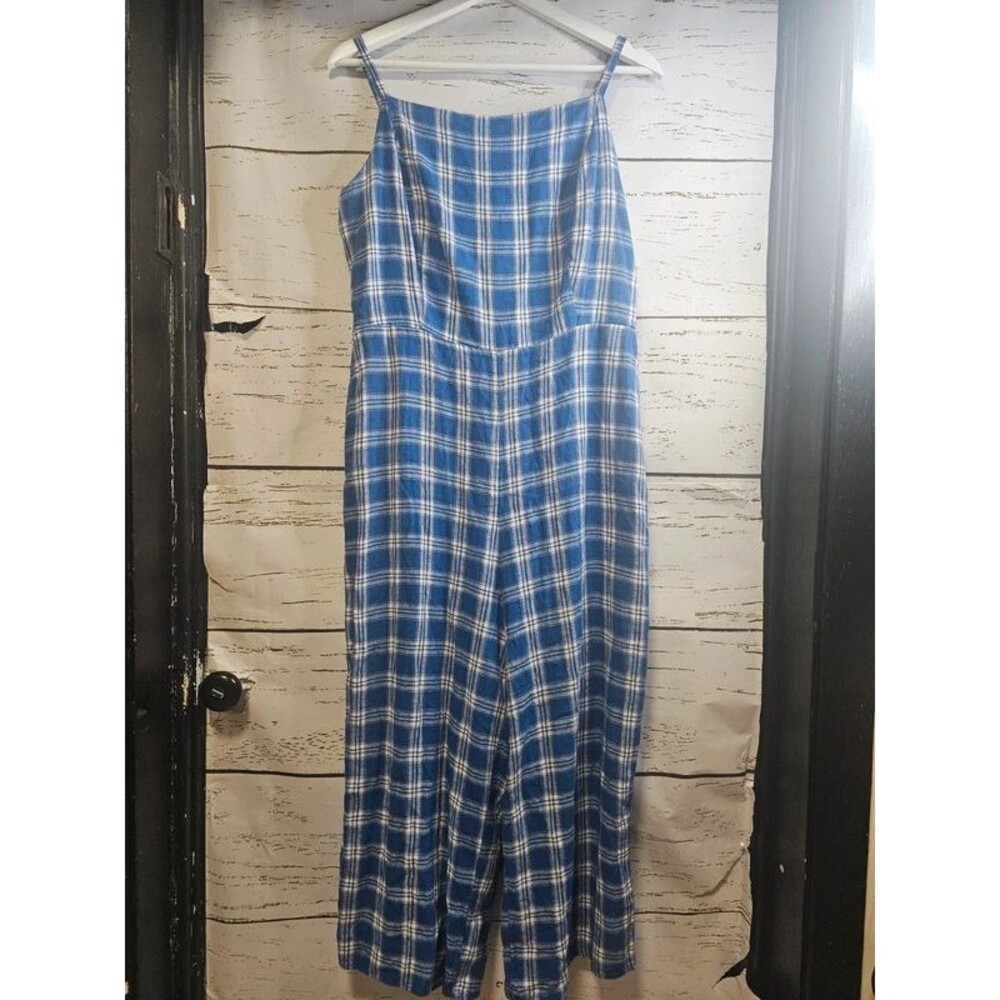Old Navy Blue Plaid Linen Blend Wide Leg Jumpsuit Romper Size L